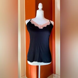 Gently used-Gap Body black tank top with pink lace trim. Size Med.